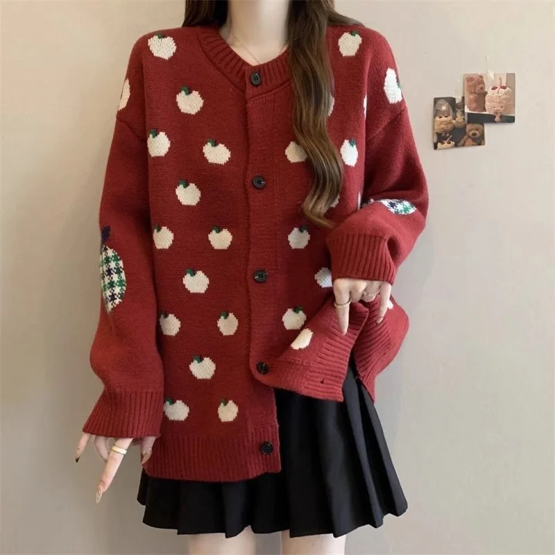 Giacca maglione cardigan lavorato a maglia jacquard mela versione coreana da donna per top snellente vestibilità ampia autunno e inverno da donna
