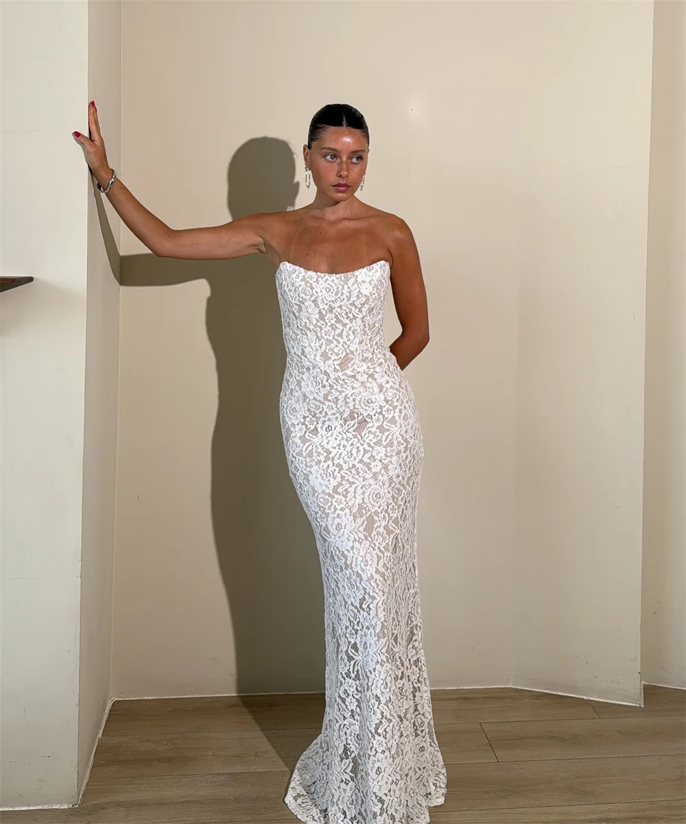 Suknia ślubna w stylu syreny, bez ramiączek, z białej koronki, szyta na miarę w Kiotoku, elegancka, bez rękawów, vestidos de noche, długa do podłogi, formalna suknia wieczorowa.