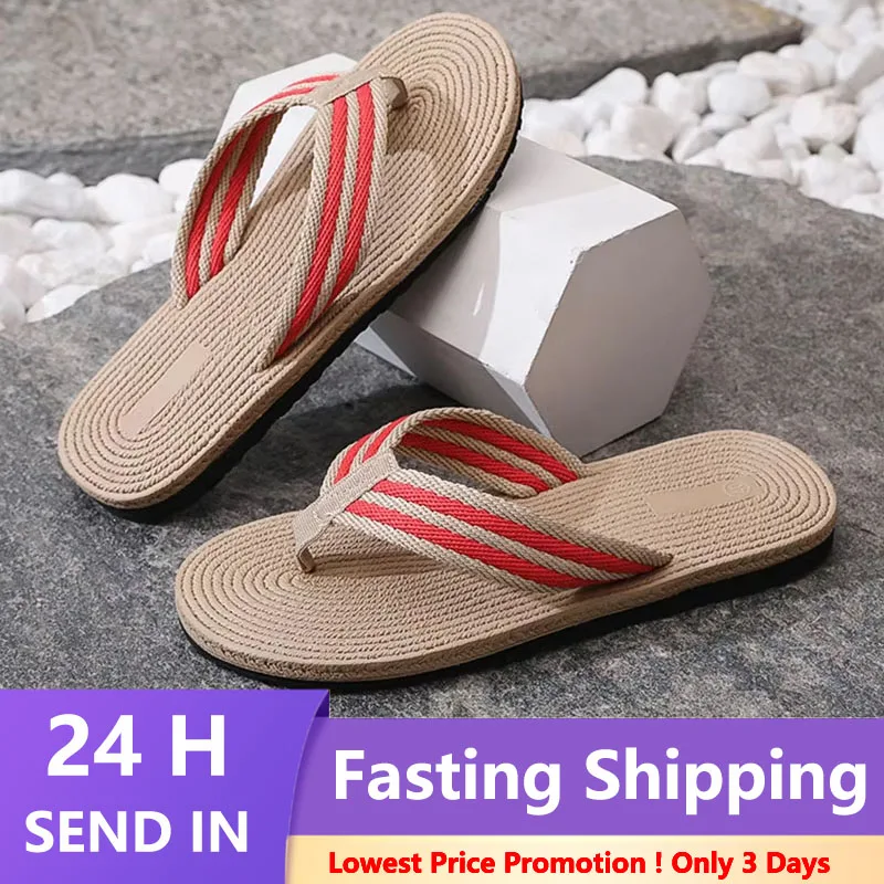 Summer Men Flip Flops Flat Sandals Outdoor Beach Shoes Man Indoor House Slides Linen Comfortable Slippers Pantuflas Hombre view 3