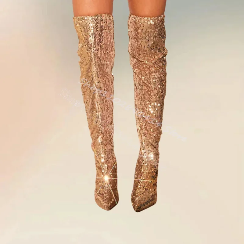 

Gold Silver Sequins Decor Pointed Toe Boots Elastic Band Women Shoes Thin High Heels Novel Party Feast 2026 Zapatos Para Mujere