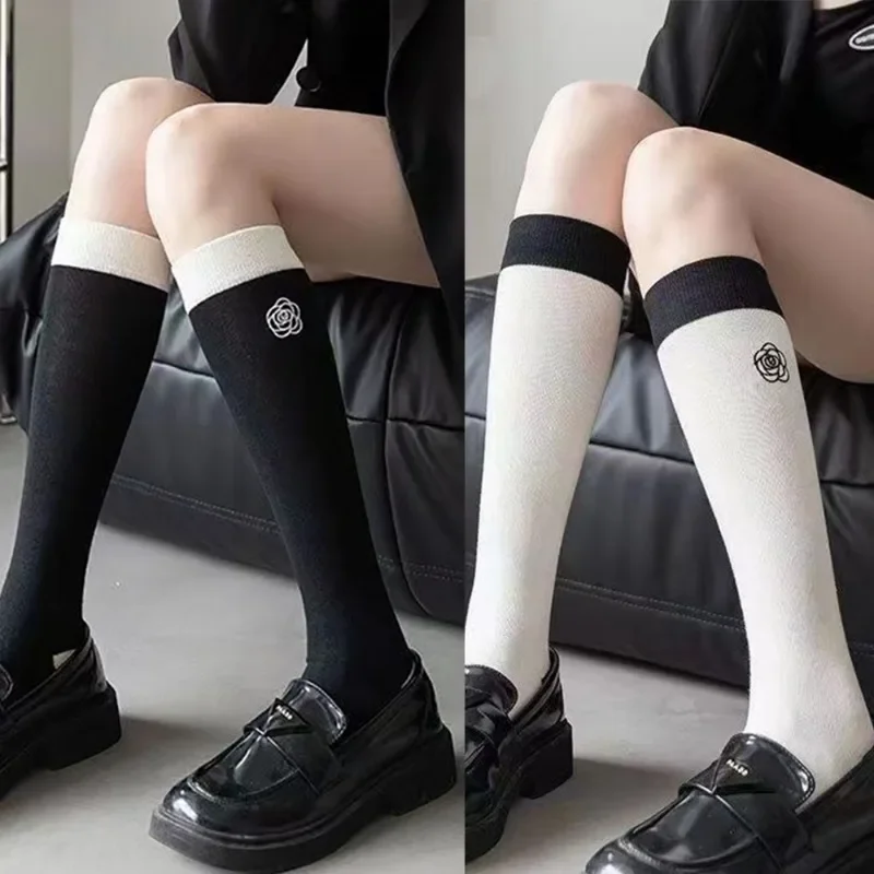 

Japanese Camellia Rose Socks Women Girls Winter Lolita Fashion Sweet Cotton Knee High Socks Warm Black White Simple Long Socks