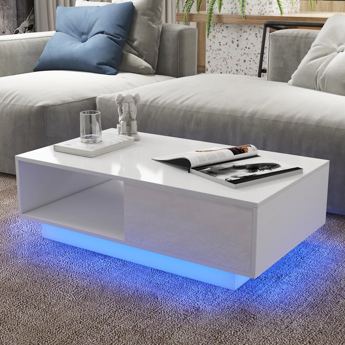 High Gloss Coffee Tables RGB LED End Table Nordic Modern Side Table Living Room Drawers Cabinet Storage Organizer Furniture