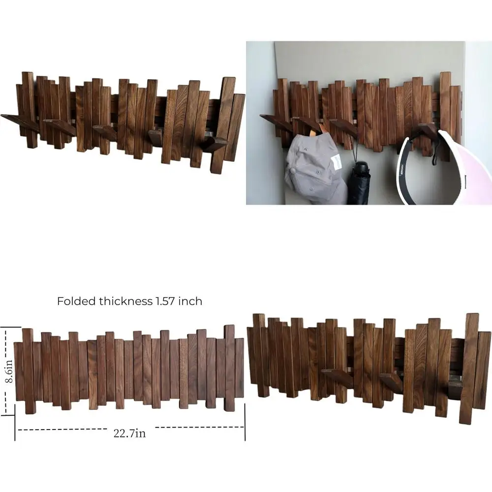 

Wall-Mounted Piano-Style Coat Rack with 5 Hooks, Black Walnut Entryway Storage