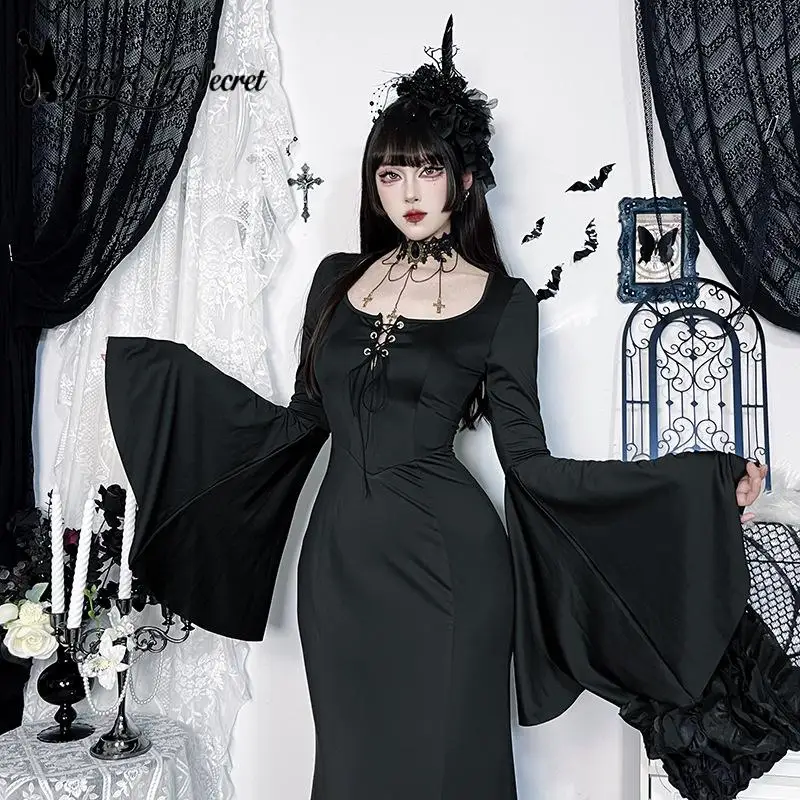[Sei il mio segreto] Abiti lunghi da festa gotici Abito gotico retrò a vita alta con maniche svasate in pizzo Abito vintage stile scuro