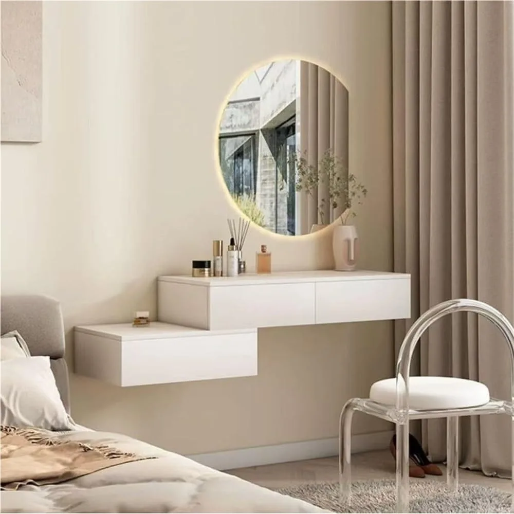 قطعتان من طاولة تزيين المكياج الحديثة المثبتة على الحائط مع درج، رف عائم أبيض مكتب خشبي مثبت على الحائط، مكتب معلق لغرفة النوم