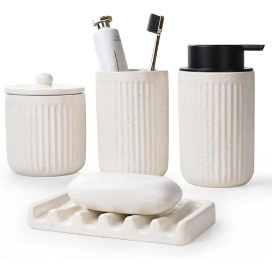 

Beige Bathroom Accessories Set for Modern Home Decor: Ceramic Soap Dispenser Lotion Bottle Toothbrush Holder and Soap Dish with