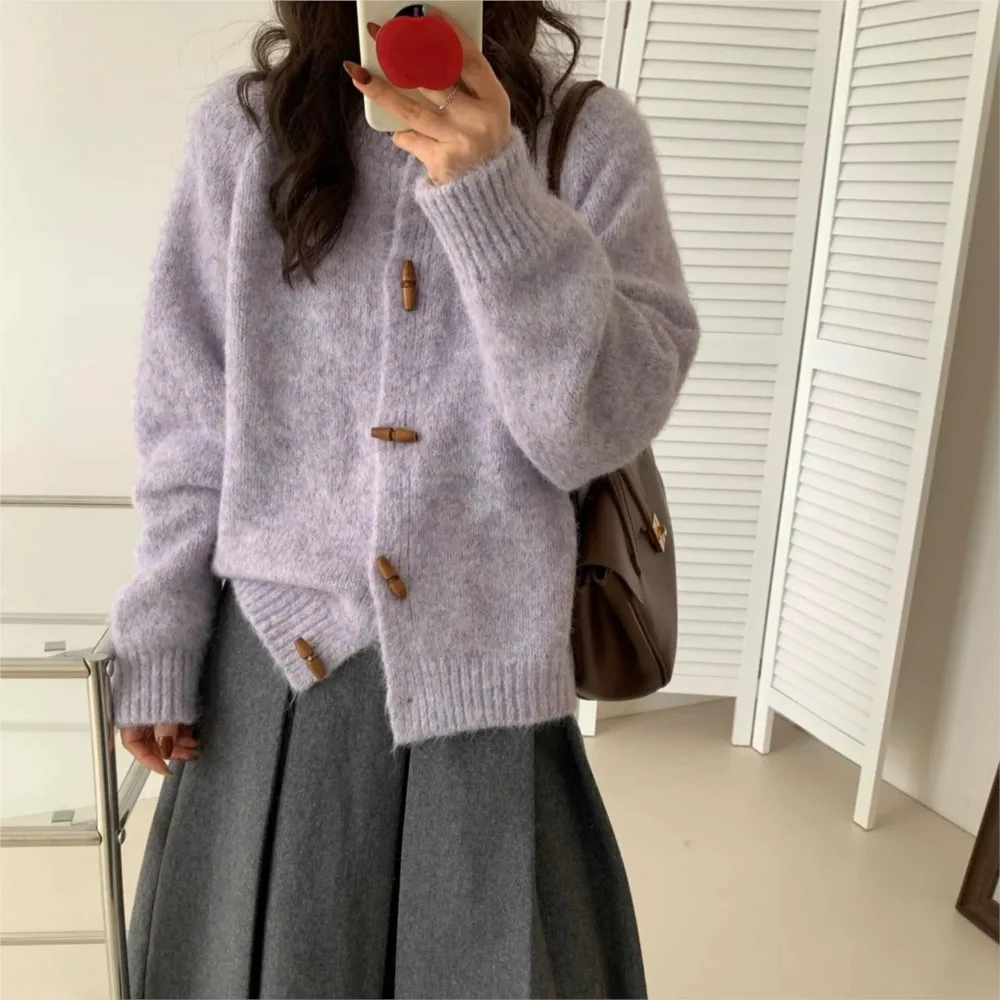 MsChuh Women's Cardigan All-match Loose Simple Style Sweater Pulls Femmes Temperament Playful Daily Lazy Solid Color Round Neck 3