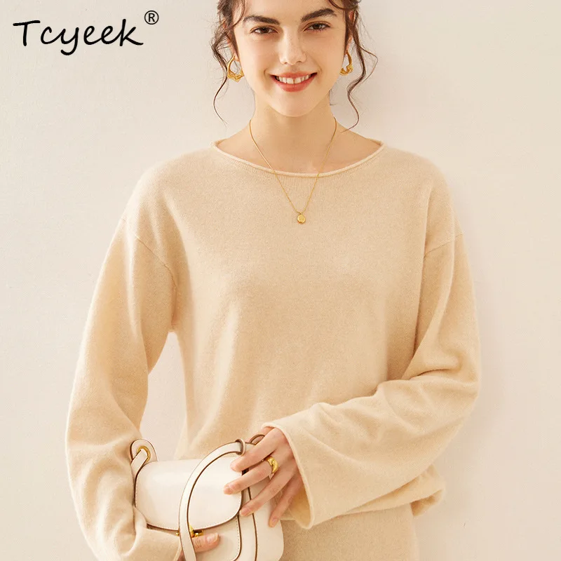 

Tcyeek, 12G Cashmere Wool Elegant Knitted Sweaters, Women O-Neck Solid, Fashion Loose OL Sweater, Autumn Winter Top T485120QM