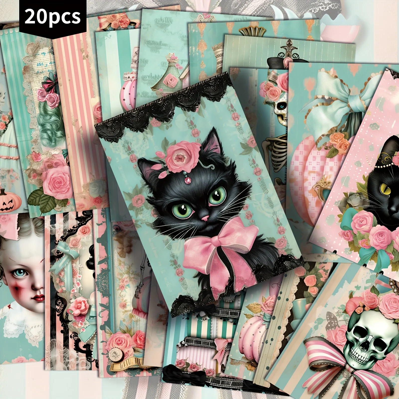 20PCS Vintage Style Postcards, Including Pink Pumpkins and Cat Girls, Suitable for Halloween, Classic Girl Illustrations
