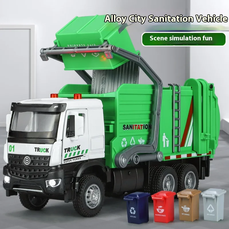 Alloy Garbage Truck Toys, Sanitation Truck with Lights and Sounds, Simulation Recycling Features, Ideal Gift for Boys