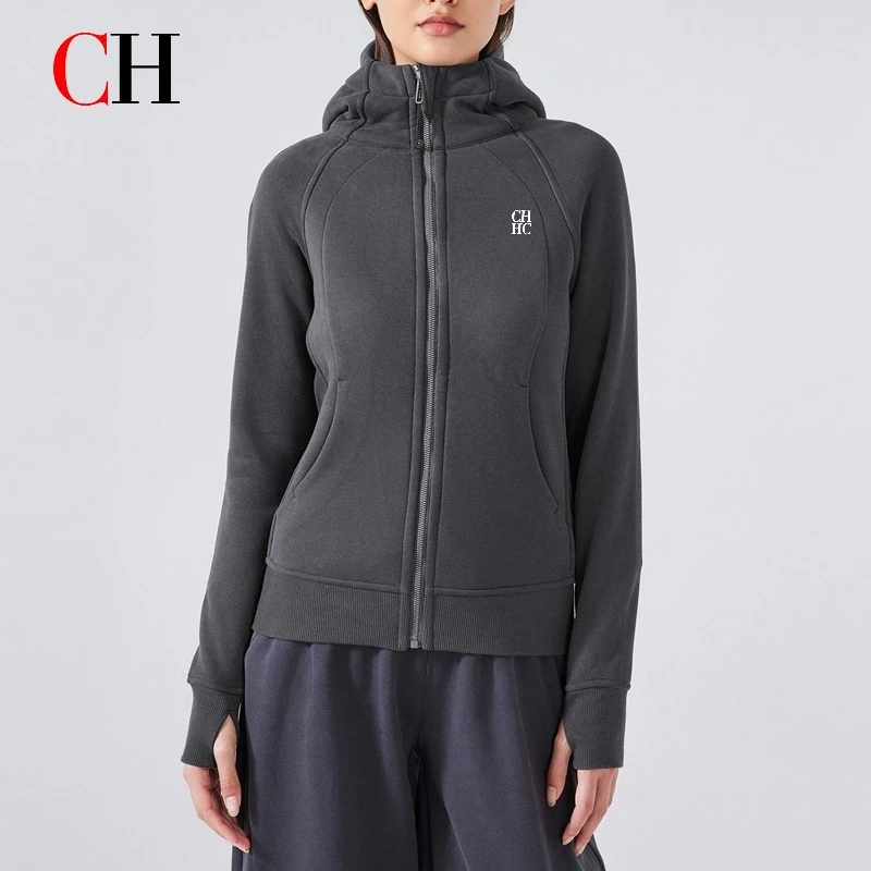 CH Women Yoga Jacket Hooded Zip Up Sweatshirt Slim Fit Long Sleeve Workout Sports Top Casual Athletic Fitness Wear