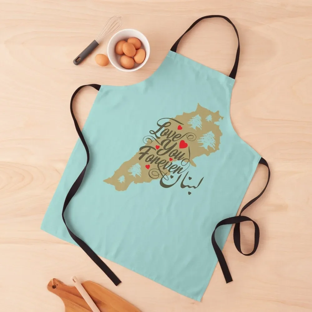 I Love Lebanon Map Arabic Calligraphy with Hearts and Flag Cedar Tree Icons - drk Apron Restaurant Kids Ladies Kitchen Man Apron