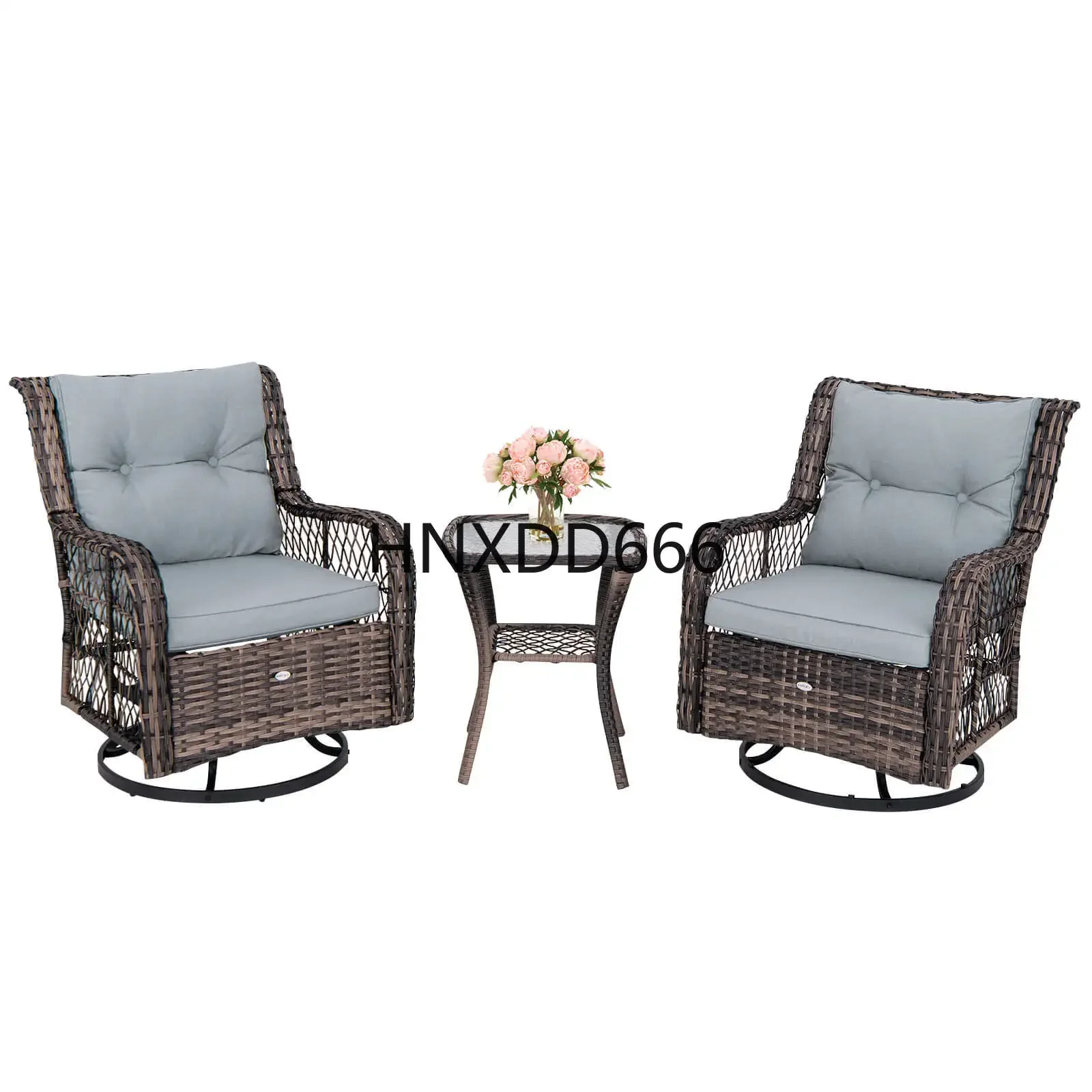 3 PCS Patio Furniture Set Rocking Chairs Set of 2 with Glass Top Side Table