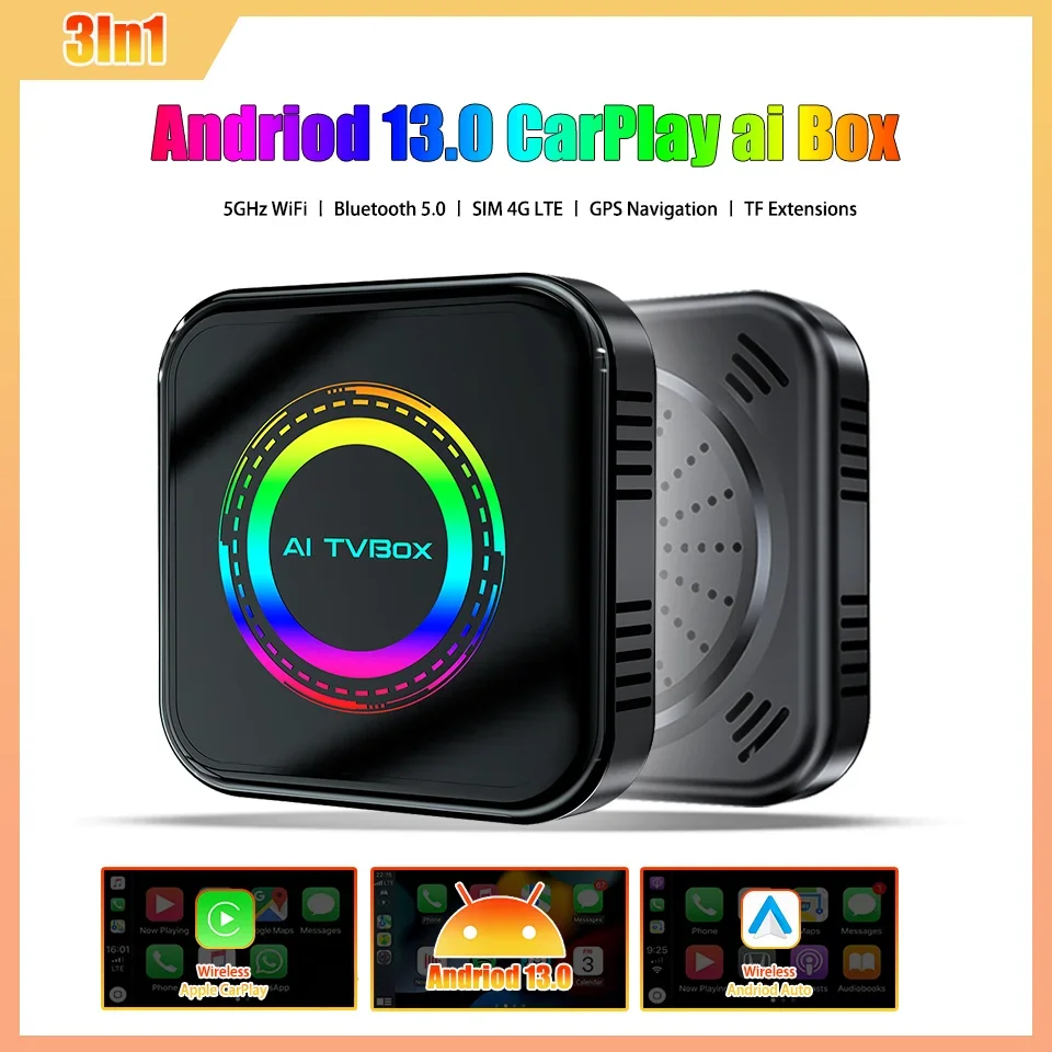 

Smart Android 13 Ai Box 8+128G Apple CarPlay & Android Auto 3in1 Multimedia Box Built-in Netfilx Youtube Google Play GPS SIM 4G