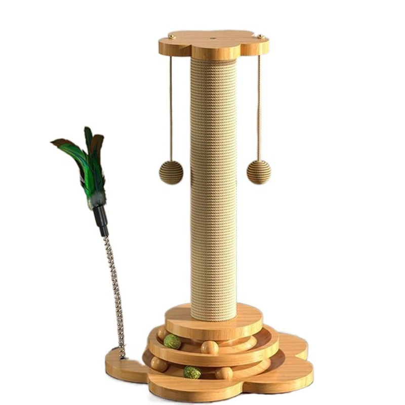 Pet Cat Toy Solid Wood Cat Turntable Funny Cat Stick Balls Durable Sisal Scratching Board Cat Supplies Cat Grab Column