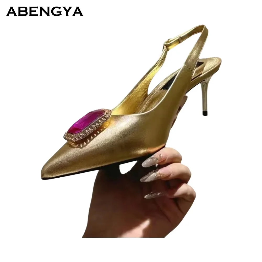 

Summer New Leather High Heel Shoes Women Pointy Toe Crystal Slingback Dress Shoes Designer Fashion Party Banquet Shoes For Women