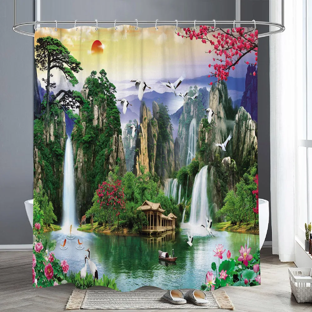 Waterfall Scenic Shower Curtain Landscape Nature Outdoor Landscape Pond Animal Polyester Fabric Shower Curtains Bathroom Decor