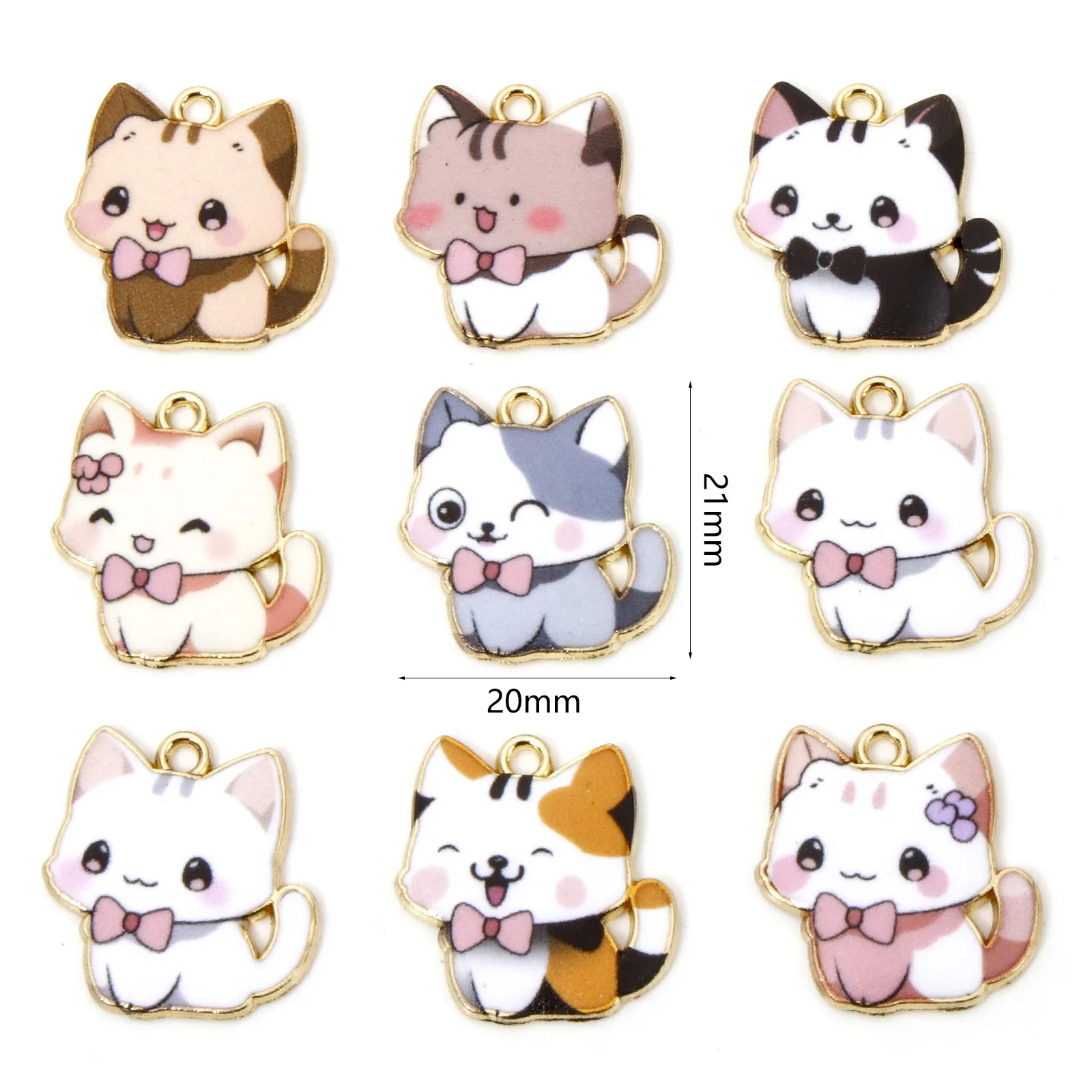 10 buah jimat paduan berbasis seng Enamel hewan kucing untuk pembuatan perhiasan Diy kalung warna emas liontin multi Warna 21mm x 20mm