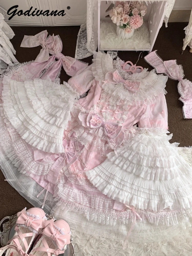 

Original Girls Women's Flare Long-Sleeved Lace Blouse Top Fairy Sweet Fluffy Pink Bow Jsk Princess Dress Romantic Dress Suits