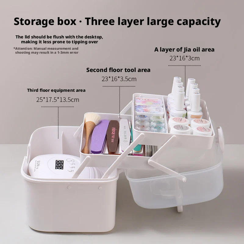Kaniu Large Capacity Nail Art Tool Storage Box With Transparent Cover Three-Layer Desktop Organizer Box With Handheld Design