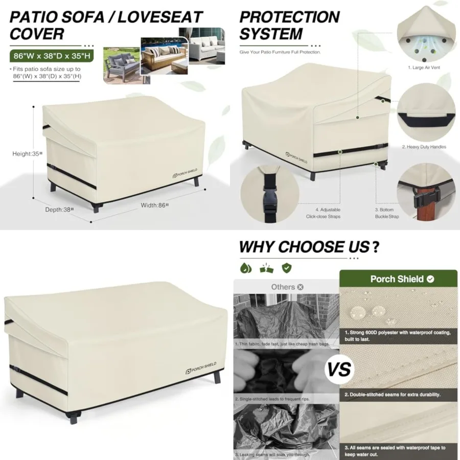 

Patio 3-Seater Sofa Cover - Waterproof Outdoor Couch Deep Seat Sofa Cover 86W x 38D x 35H inch