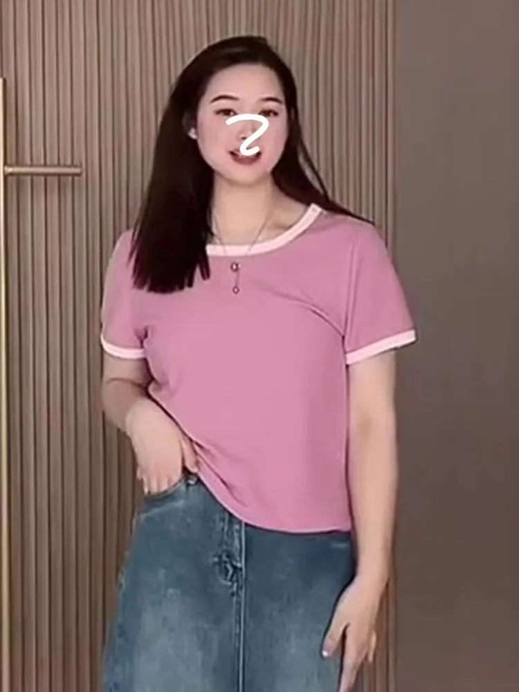 

plus Size Women's U-Neck Short Sleeve T-Shirt Korean Style Summer Fashion Slimming Top High Waist Color Block Base Shirt
