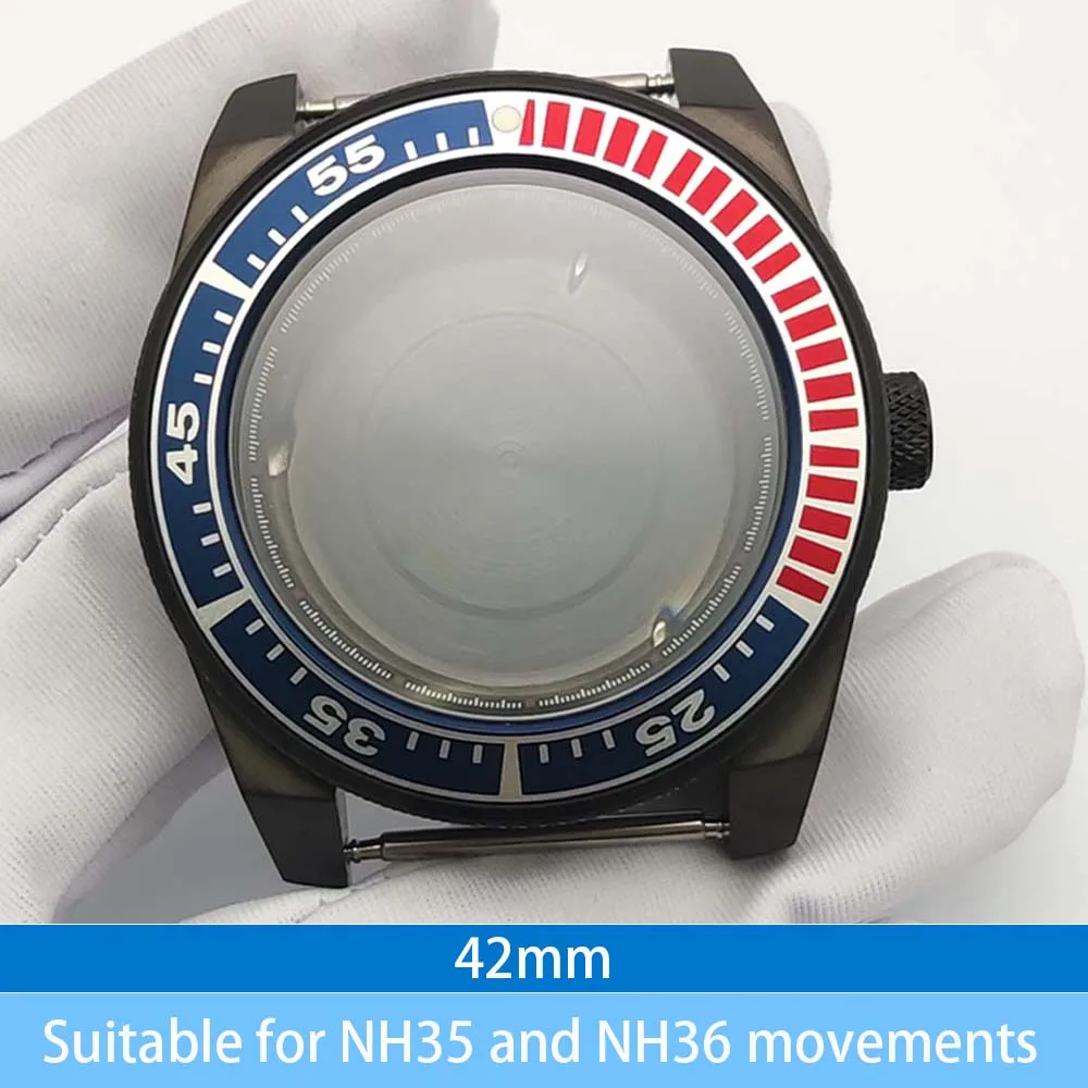 

42mm black case, sapphire crystal, suitable for 22mm straps, NH35 and NH36 movements, screw-down water-resistant crown