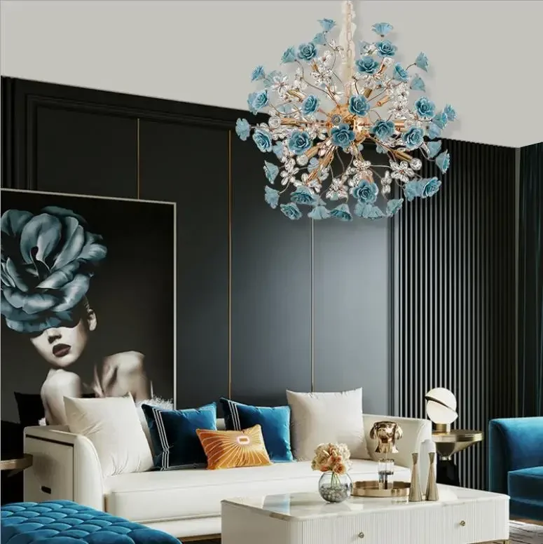 Iron Branch Chandelier Living Room Modern Blue Ceramic Lantern Bedroom Rose  Crystal Ceiling Lamp Pendant Light Fixtures