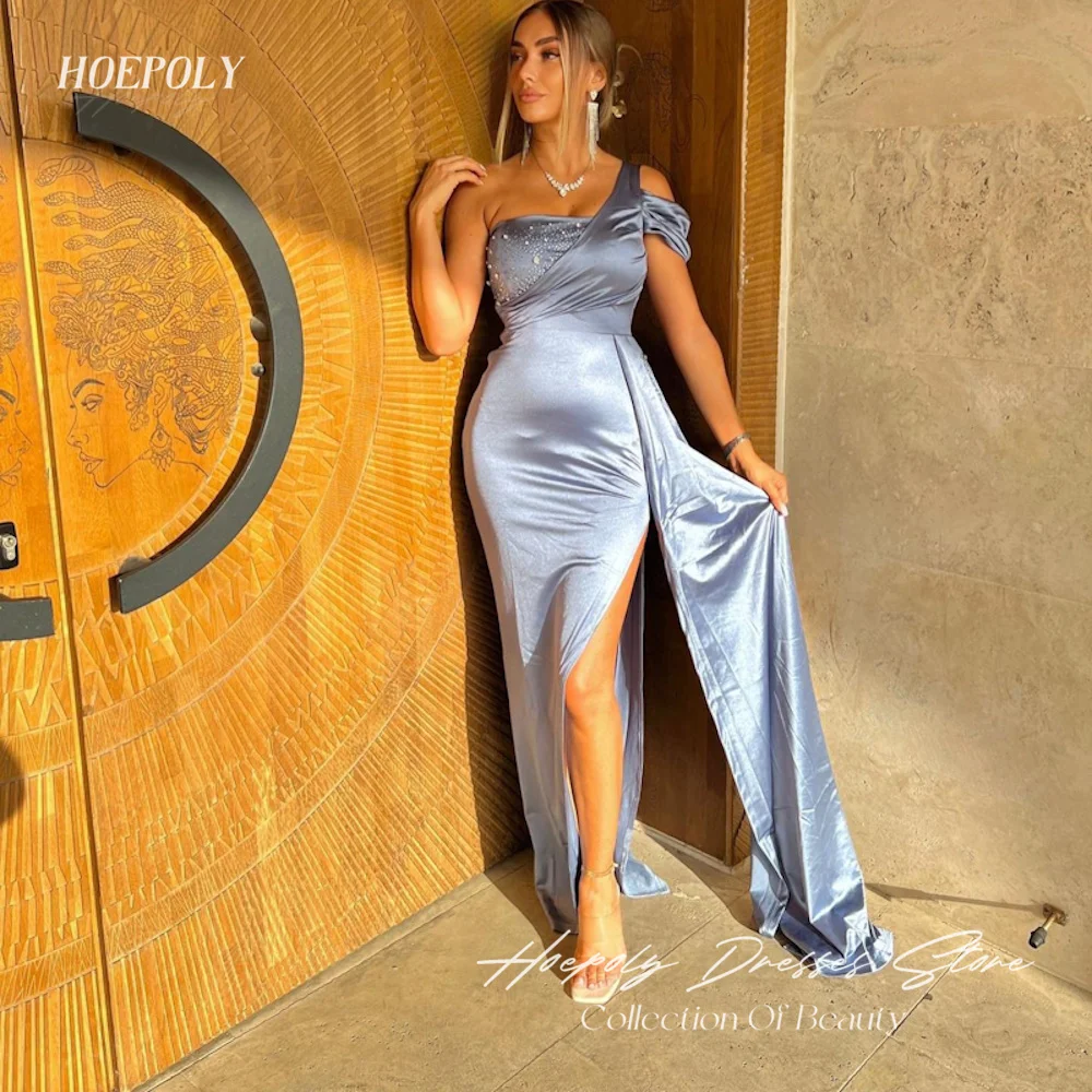 

Hoepoly Satin Mermaid One-shoulder Arab Ruffle Prom Gown Ankle-length Saudi Elegant Formal Evening Party Dress for Women 2023