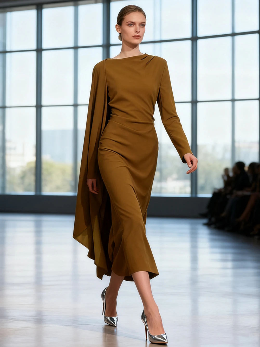 Modphy Cape Style Design Long Sleeved Waist Cinched Long Dress 2025 Autumn New Women'S Solid Elegant Clothing