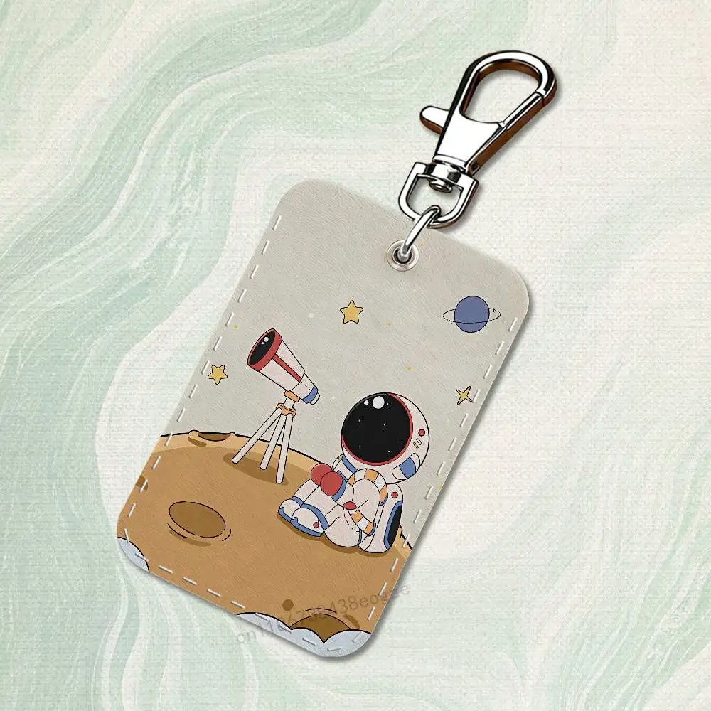 Etui na karty w kształcie prostokąta z motywem astronauty z kreskówki, uroczy brelok, etui na karty dostępu, zawieszka do kluczy, skórzany brelok do kluczy, etui na karty, brelok do kluczy.