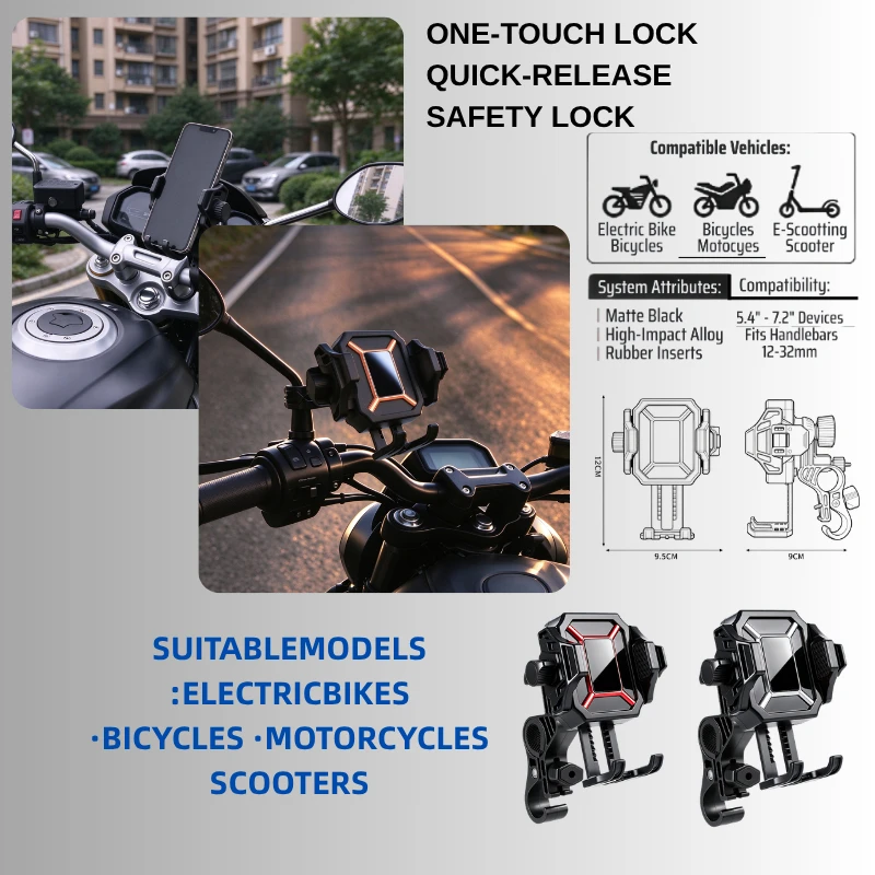 Motorcycle Phone Mount 360° Rotatable Handlebar Phone Holder One-Touch Lock Anti-Shake Universal for E-Bike Bicycle Scooter 5.4-