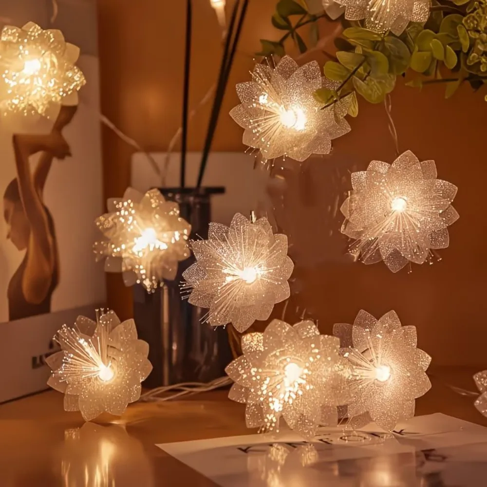 1PC 1.5M10LED/3M20LED Double-Layer Fiber Optic Flower Light String, Battery Powered, Used For Wedding And Party Decoration