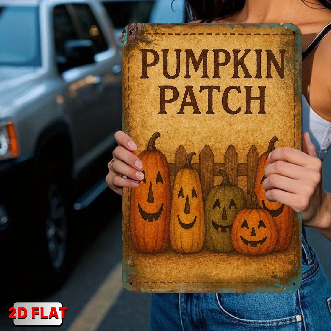 Smiling Pumpkins Metal Sign - Rustic Autumn Wall Decor,    Iron Plaque with 