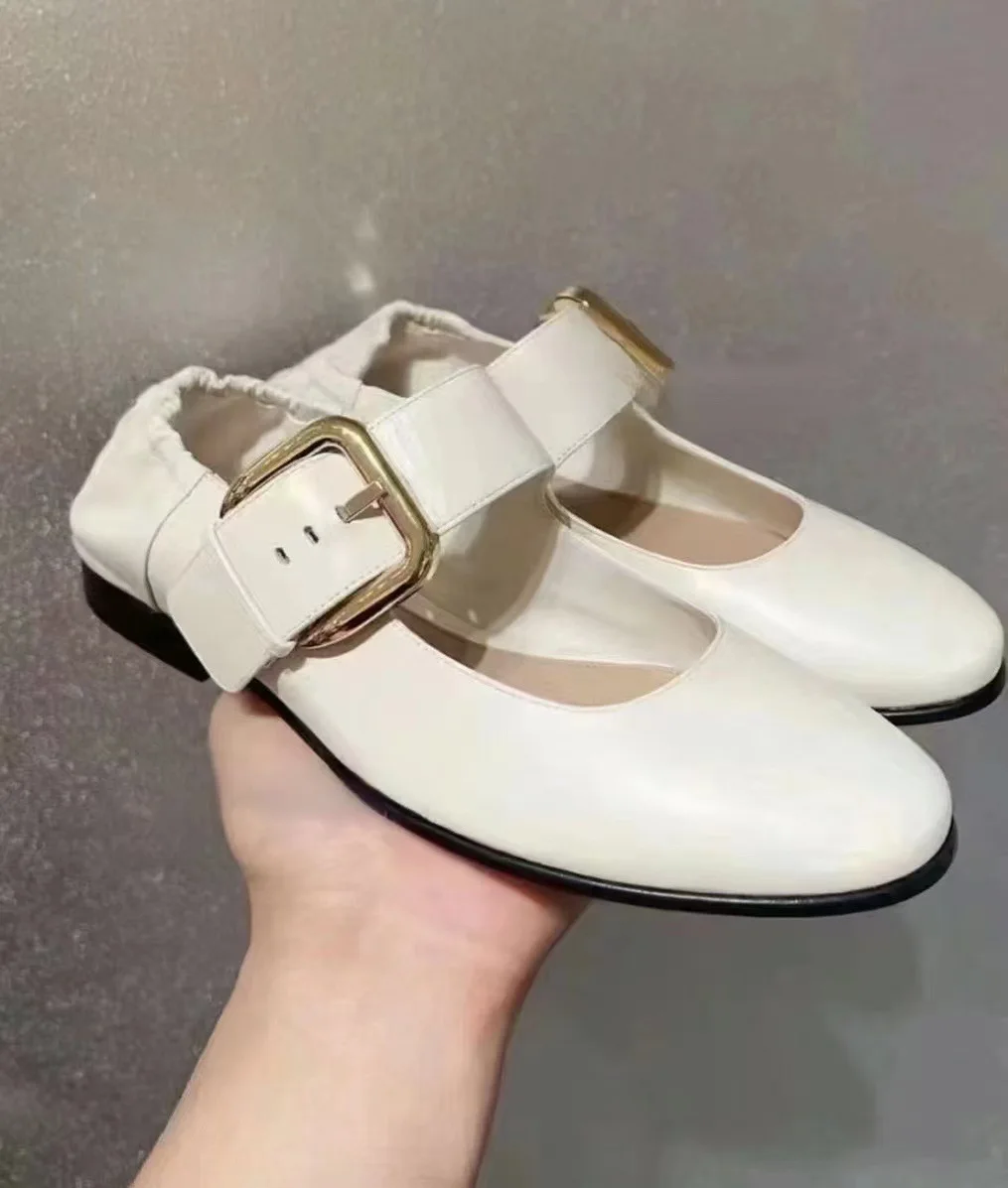 Black White Olive-green Round Toe Ballet Flats Mary Jane Shoes Big Size 43 Elegant Elastic Heel Buckle Luxury Women's Shoes