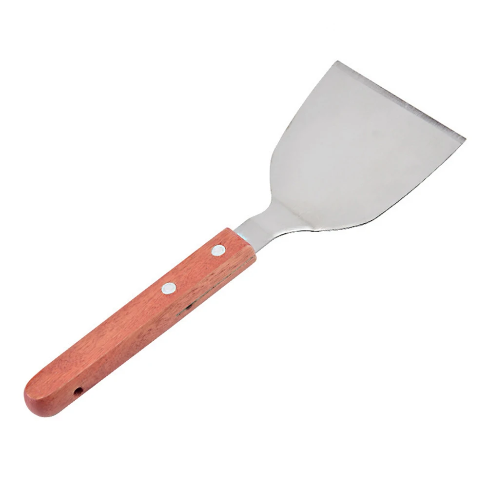 Home Kitchen Grill Scraper Metal Frying Spatula For Cooking Stainless Steel Blade Solid Wood Handle Hanging Hole For Storage