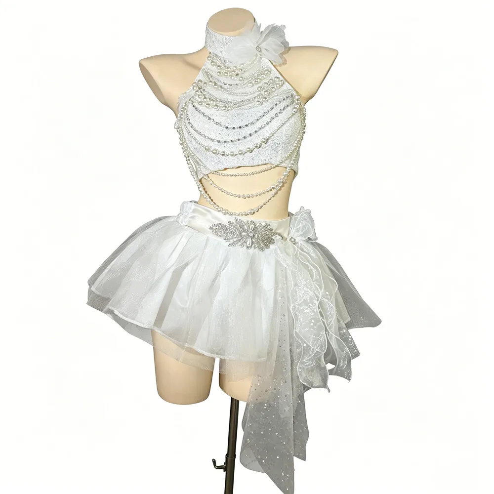Fashion White Beading Halter Crop Tops Gauze Mini Skirt Set Women Singer Dancer Sexy Stage Wear Nightclub Disco Music Festival