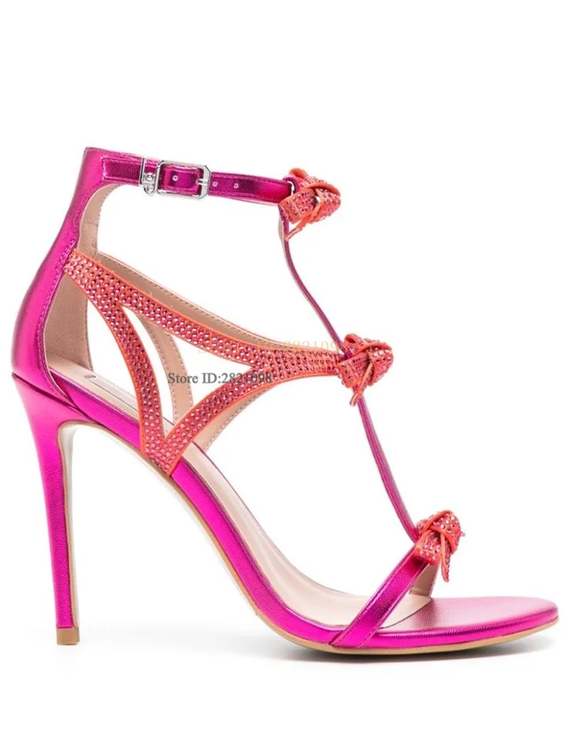 Fuchsia Pink Crystal Bow Tie Knot Band T Strap High Heel Sandals Stiletto with Ankle Wrap Thin Heels Women Summer Shoes