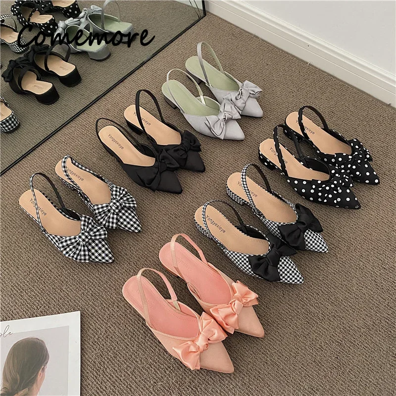 Comemore Women Elegant 2023 Summer Pointed Low Heel Women Fashion Sandal High Heels Sandalias De Mujer Bow Sandals Heeled Shoes