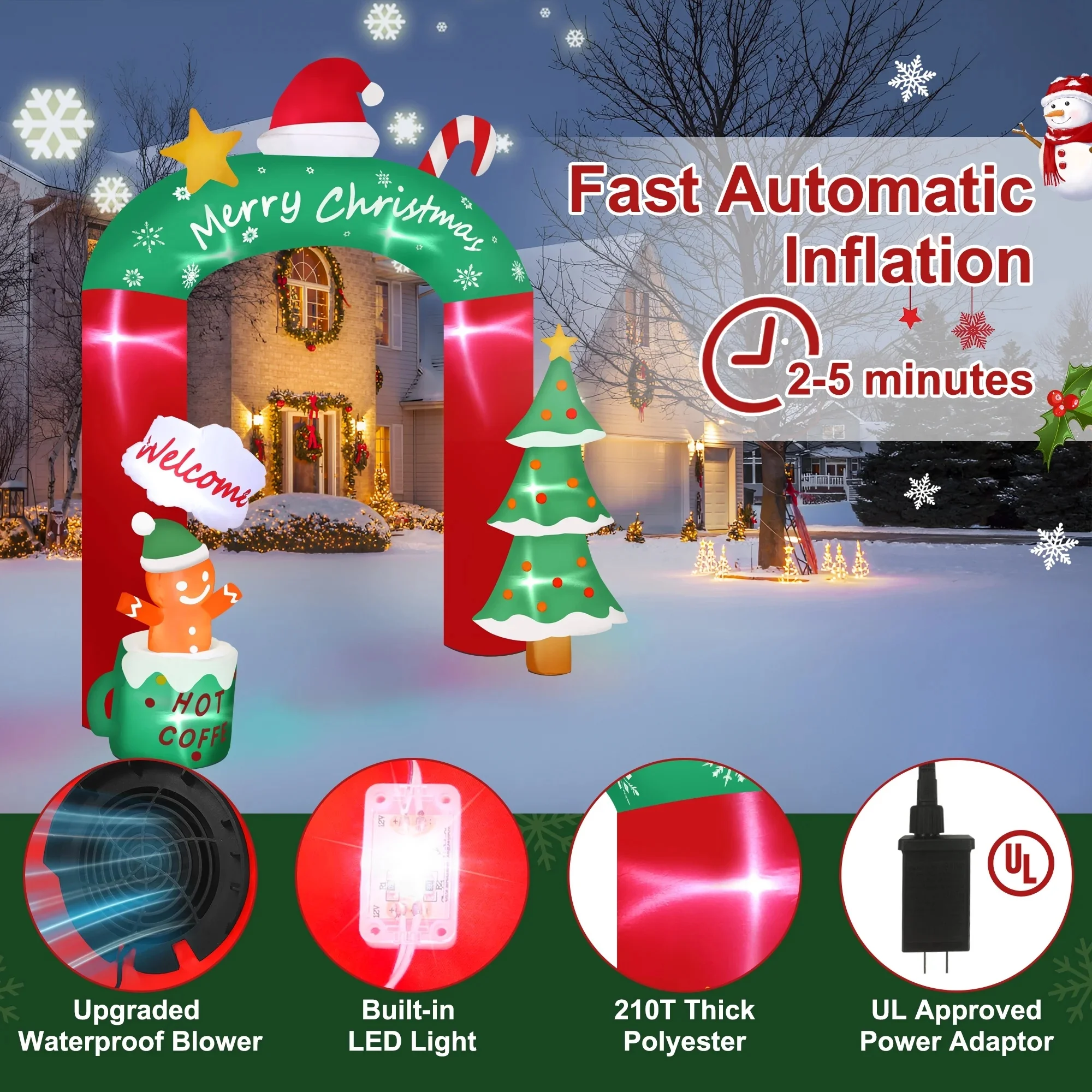 2.7M/8.85FT Inflatable Christmas Tree and Little Gingerbread Man Christmas Arch Built-in LED Lights Outdoor Holiday Party Adorn