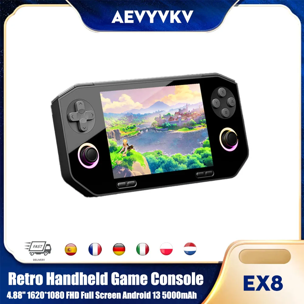 Console de jeu portable EX8, écran 4,88 pouces 1620*1080 FHD, double joystick, Android 13, 5000 mAh, WIFI BT5.2, lecteur de jeux vidéo rétro