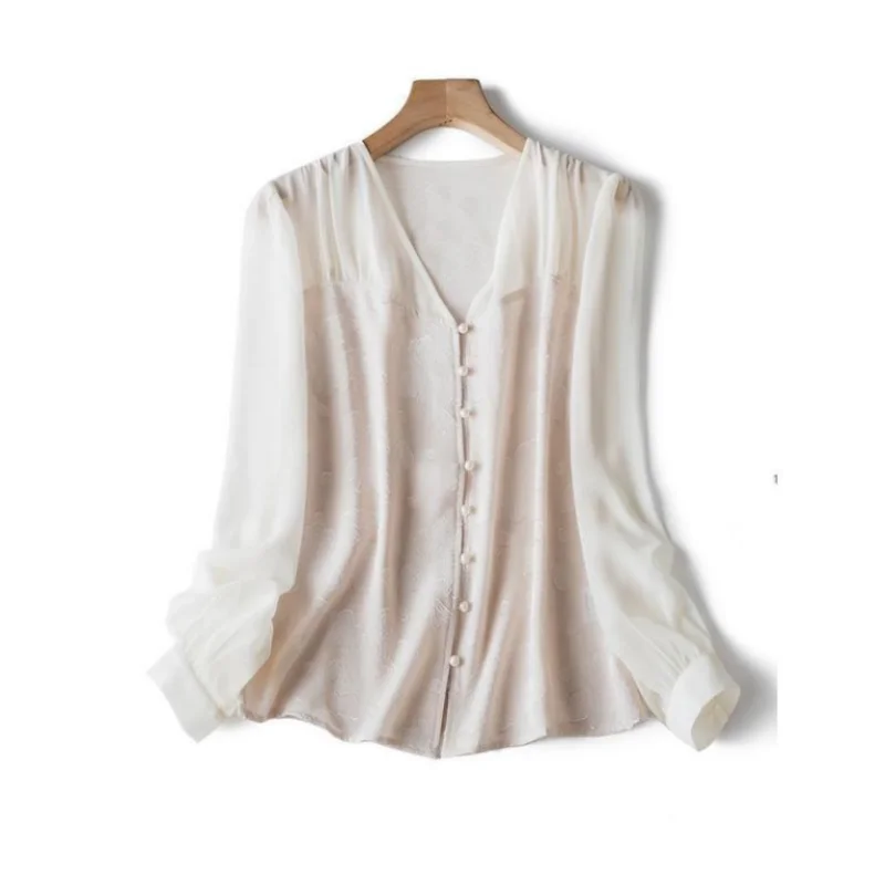 V-neck Blouse Ladies Flesh-covering Shirt Long-sleeved Blous High-end Slimming Age-reducing Retro Top