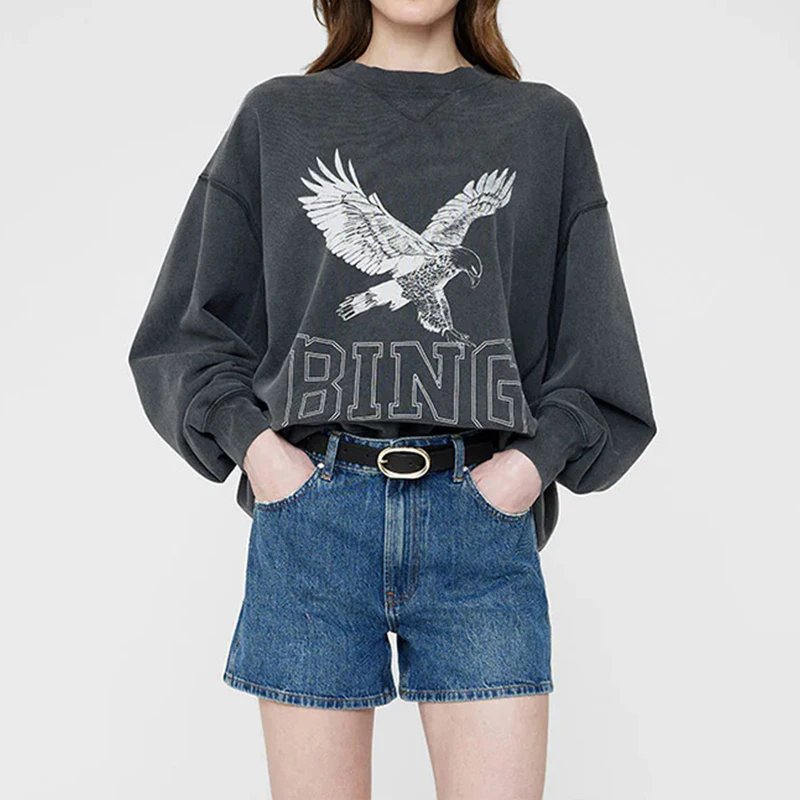

Autumn East North America niche AB front print white eagle BING print washed water stir fried color side panel women's hoodie