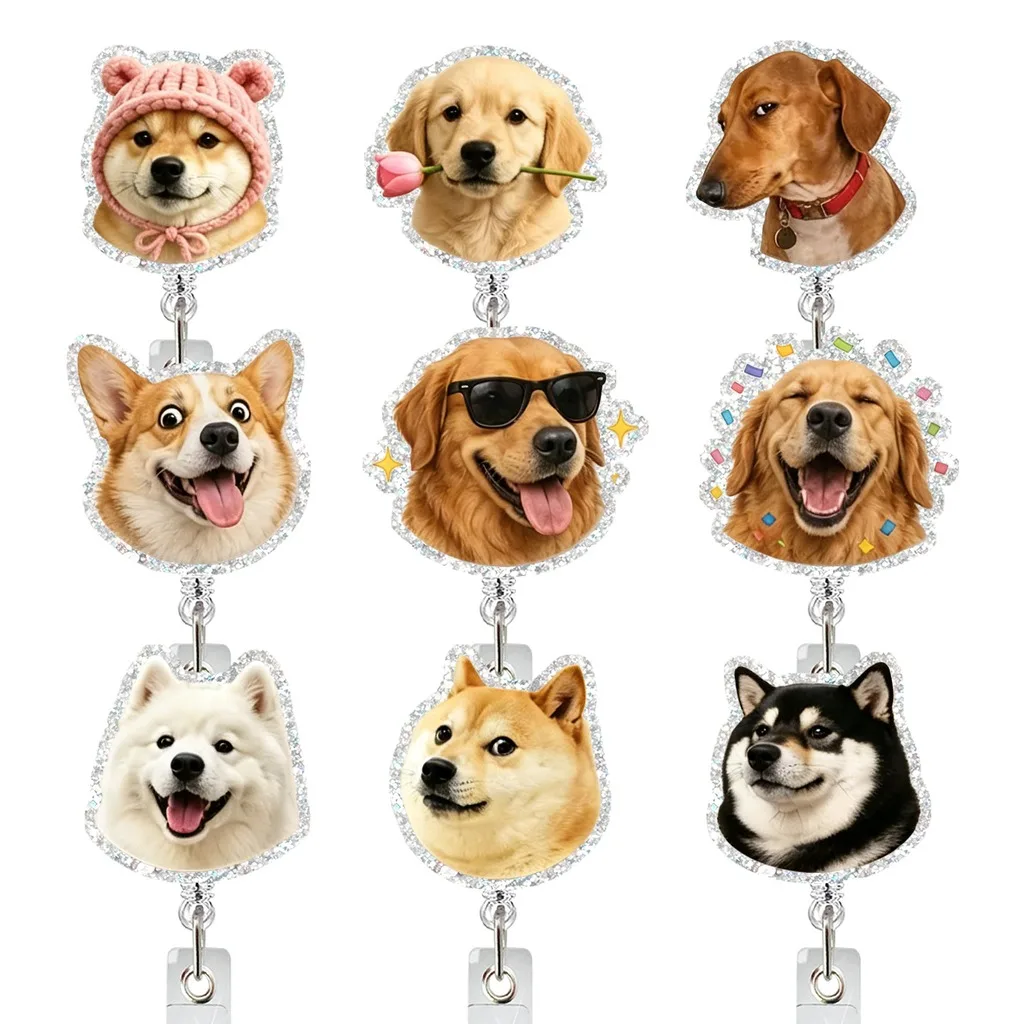 Retractable Funny Dog Pattern Acrylic Badge Reel Rotatable ID Badge Holder With Crocodile Clip for Medical Staff Doctor Nurse