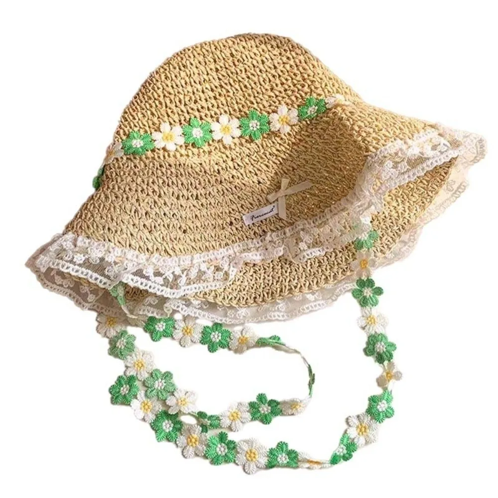 

Fashion Breathable Flower Straw Hat Lace Trim Flower Band Women Visor Bucket Hat Hollow Foldable Beach Hat Beach