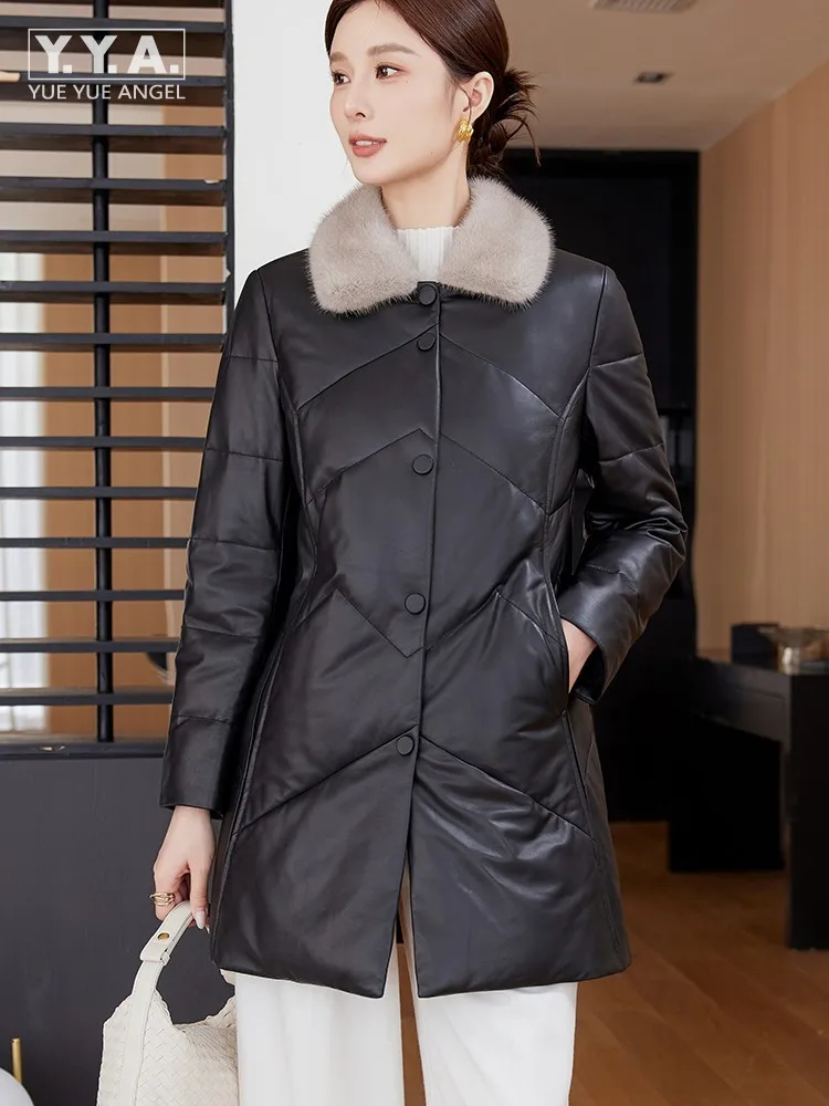 الشتاء النساء واحدة الصدر جلد طبيعي أسفل سترة فرو المنك طوق سليم صالح ملابس خارجية جلد الغنم الحقيقي منتصف طويلة معطف السيدات #1
