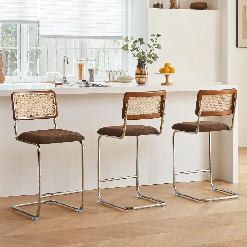 

GrandNoor Natural Rattan Counter Height Stools Set of 3 with Solid Wood Back, 24 Inch Mid Century Modern Cesca Bar Stools,