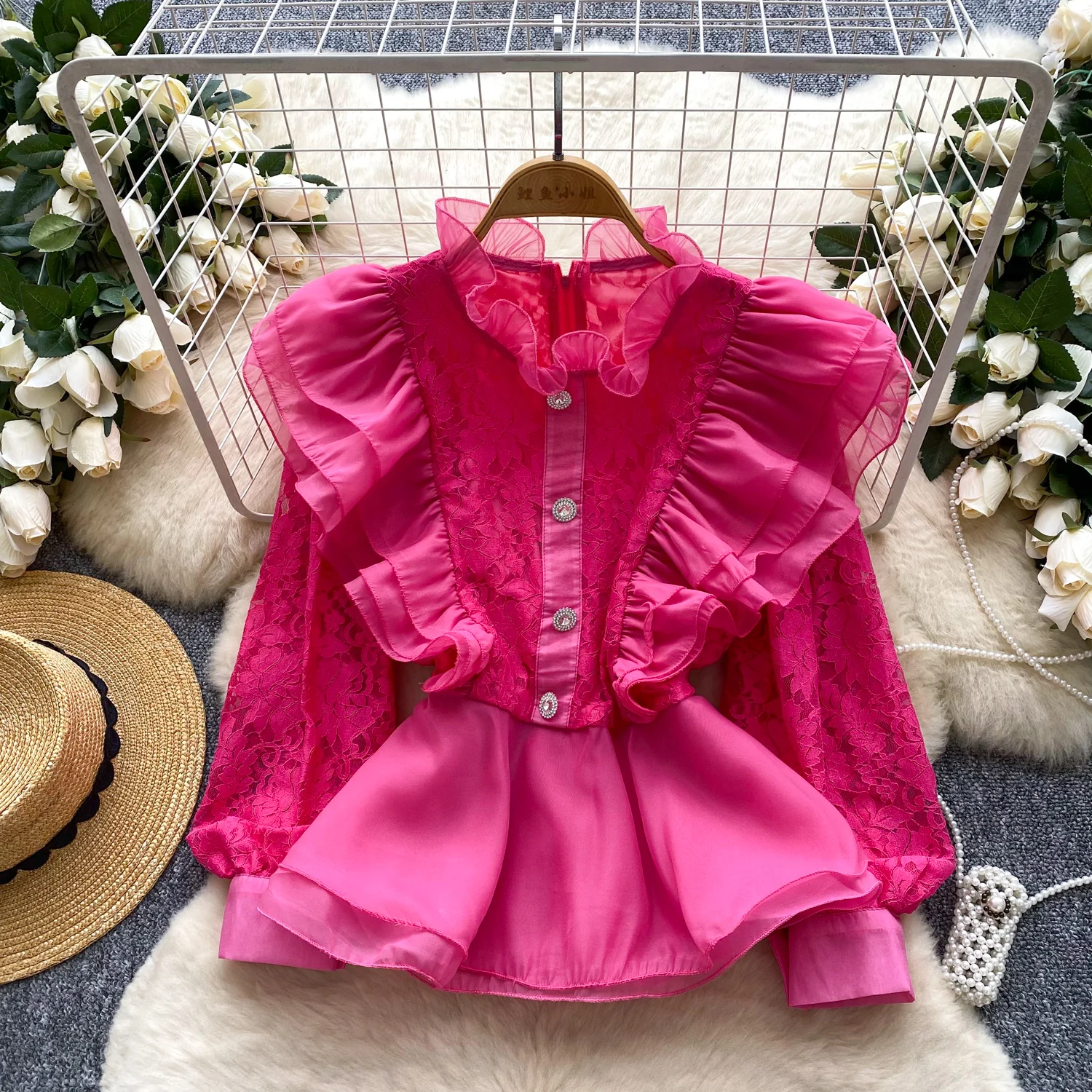 

Vintage Basics ruffle lace Long Sleeve Chic Covered Button Slim Top French Streetwear High Street Blouse