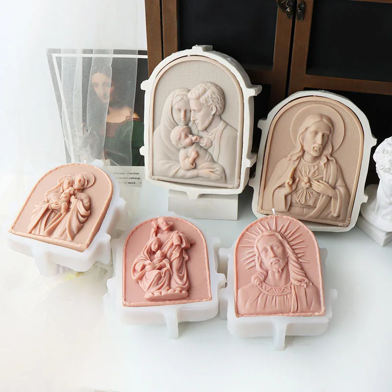 DIY Jesus Family Photo Frame Modeling Candle Silicone Mold Handmade Holy Jesus Sculpture Gypsum Candle Resin Mould Home Decor