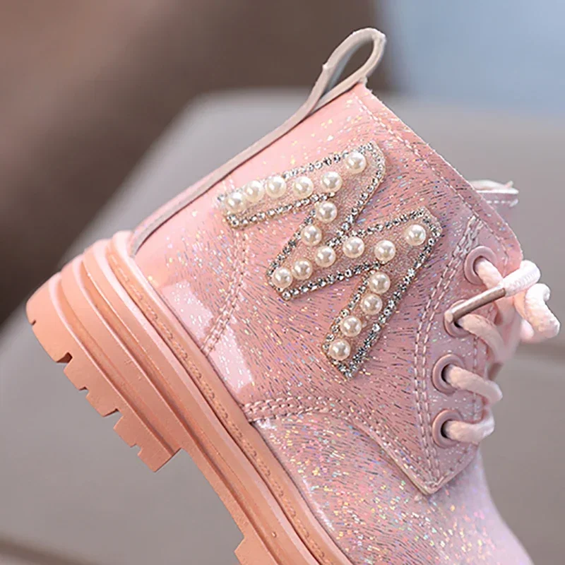 Kids Fashion Rubber Boots Cool Autumn/Winter Cotton soft sole Glitter leather M Pearl Style Zipper Girls\' shoe